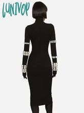 Lunivop Women Sexy Long Sleeve Turtlneck Beading Black Midi Bodycon Bandage Dress 2024 Elegant